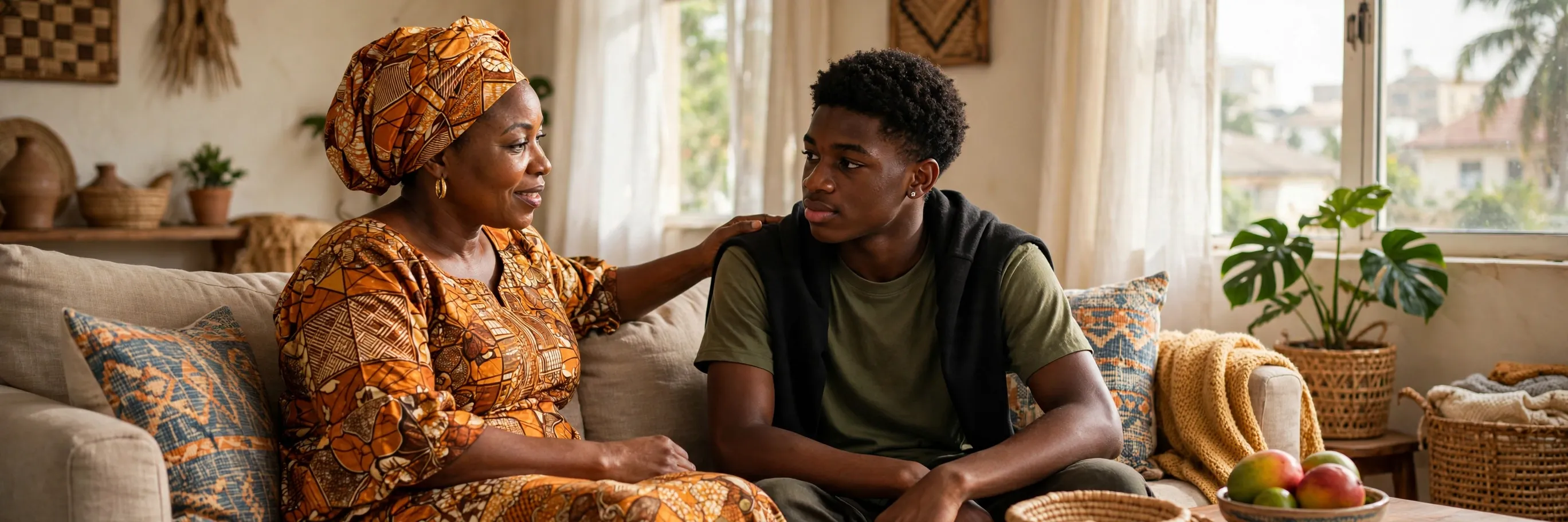 A Nigerian mother in a patterned orange dress sitting on a sofa at home, gently placing a supportive hand on her teenage son's shoulder as they talk in natural light