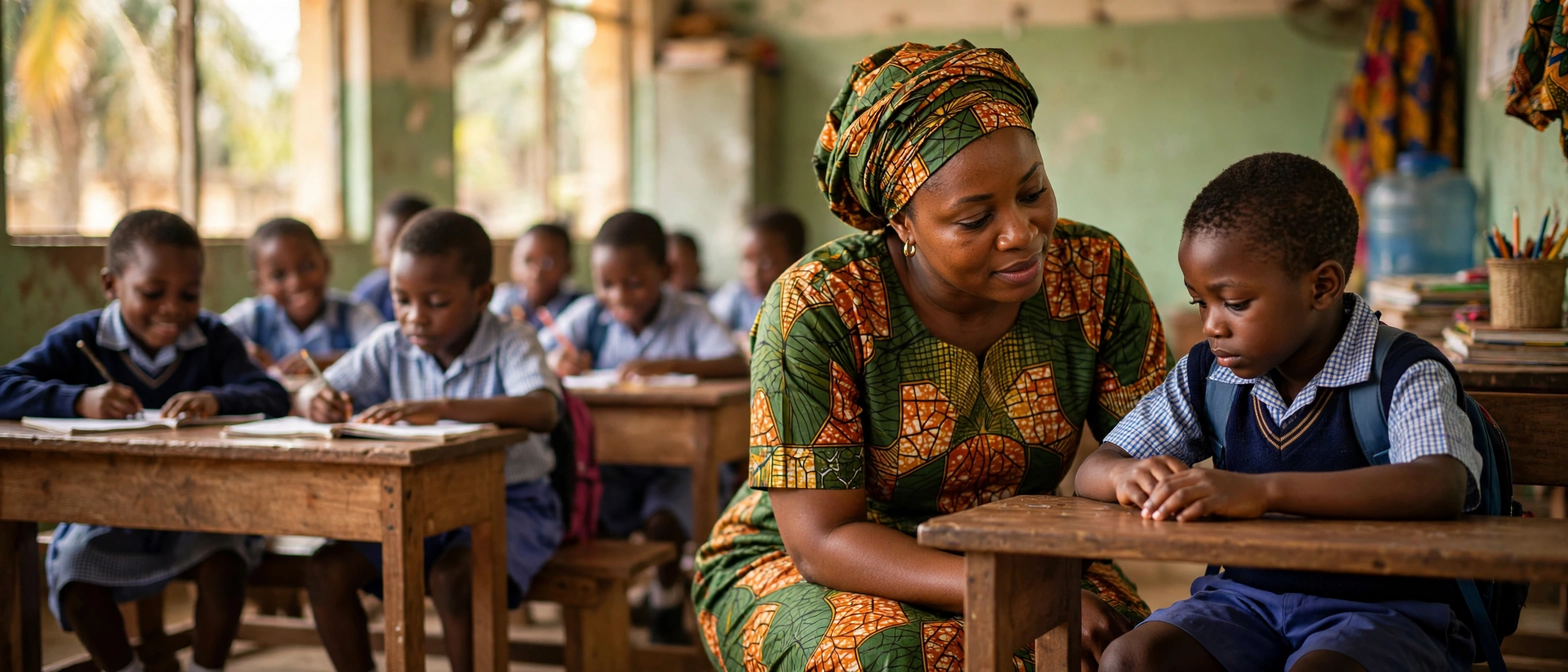 A Nigerian teacher kneeling kindly beside a quiet young pupil in school uniform in a Lagos classroom, noticing he is struggling while classmates learn in the background