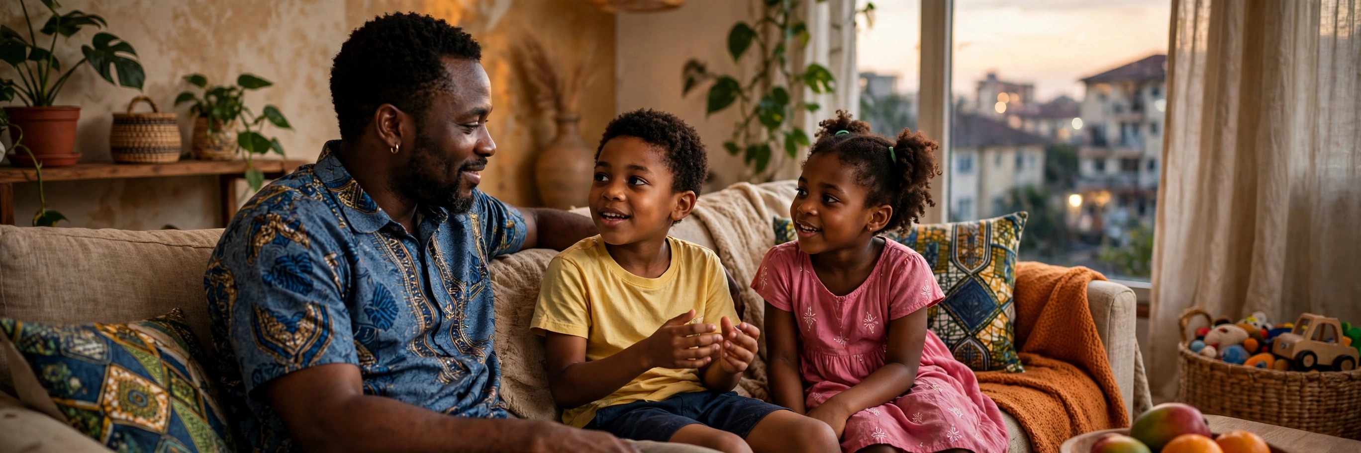 A Nigerian father sitting at eye level on a sofa at home in Lagos, listening and smiling as his young son and daughter talk with him