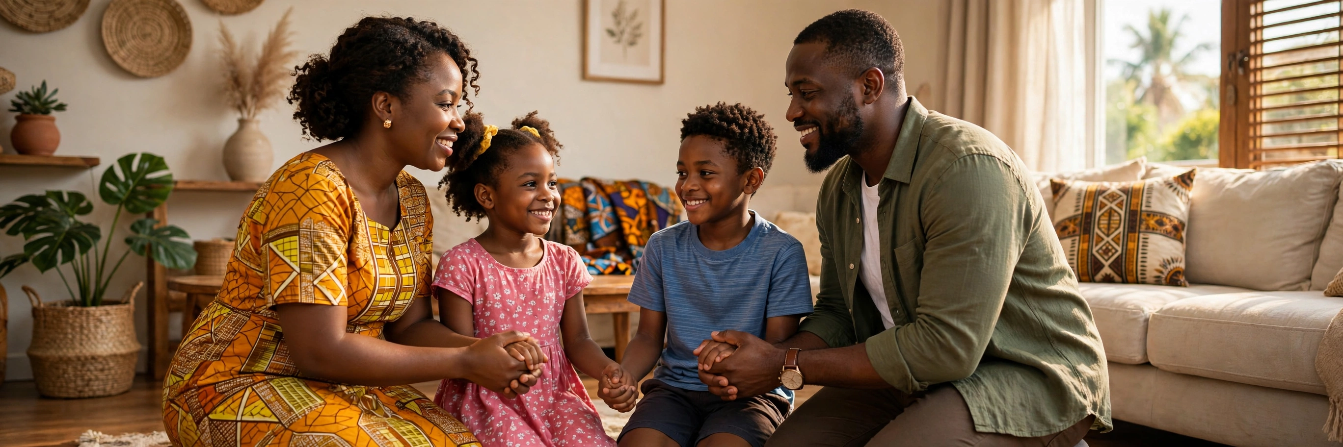 A Nigerian mother and father kneeling warmly to listen to their two smiling children in a bright living room, holding hands as a family reconnects — an illustrative image for Issue No. 10 of the OLIC Newsletter.