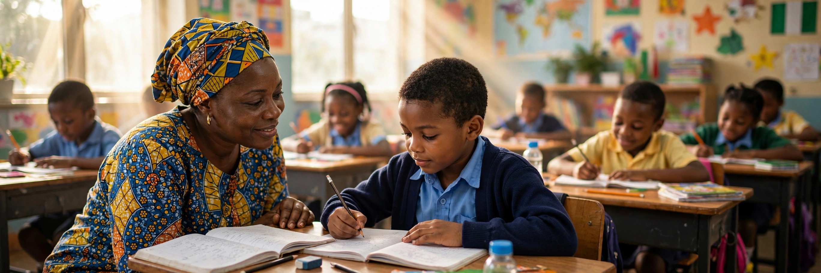 A Nigerian schoolteacher kneeling warmly beside a young school pupil at his desk in a bright Lagos classroom, listening with kindness while other schoolchildren learn together behind them — an illustrative image for Issue No. 12 of the OLIC Newsletter.