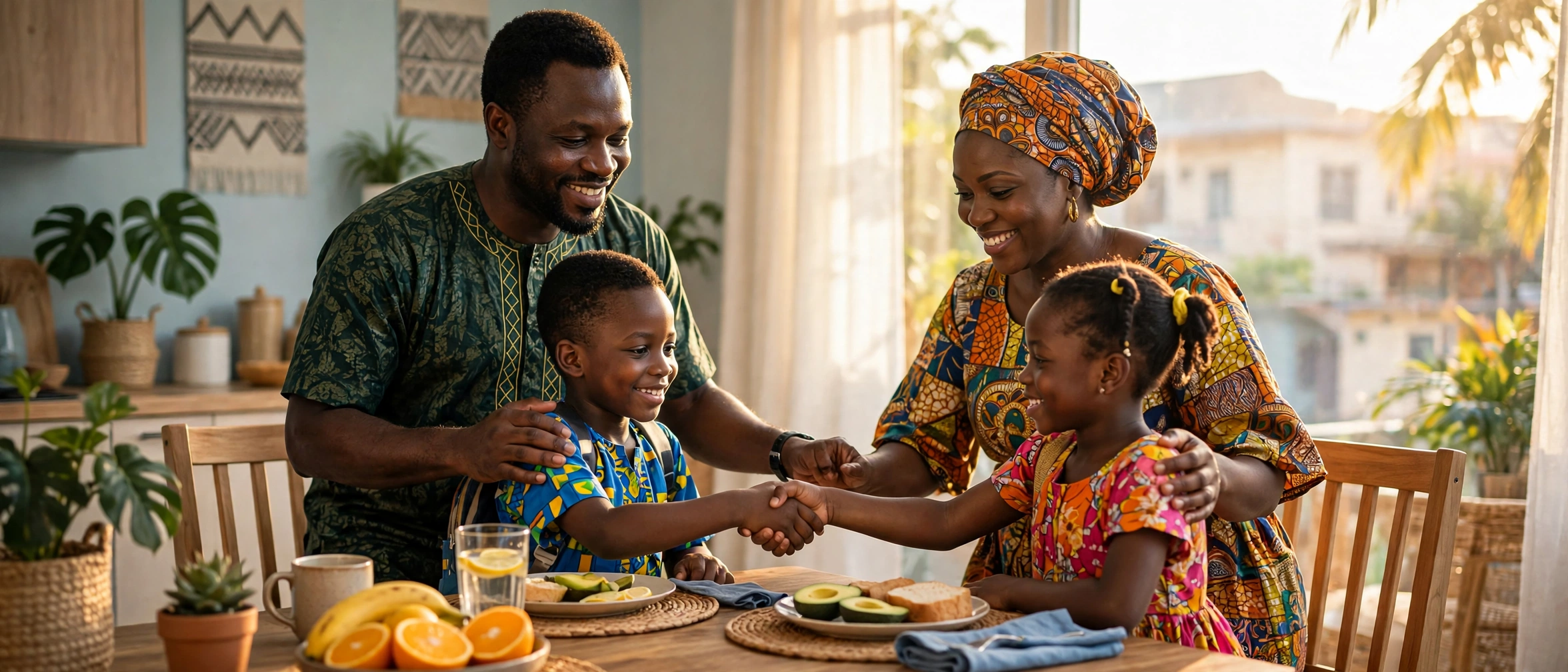 A Nigerian mother and father smiling warmly as they guide their young son and daughter to shake hands and make peace at a bright family dining table in warm morning light — an illustrative image for Issue No. 14 of the OLIC Newsletter.