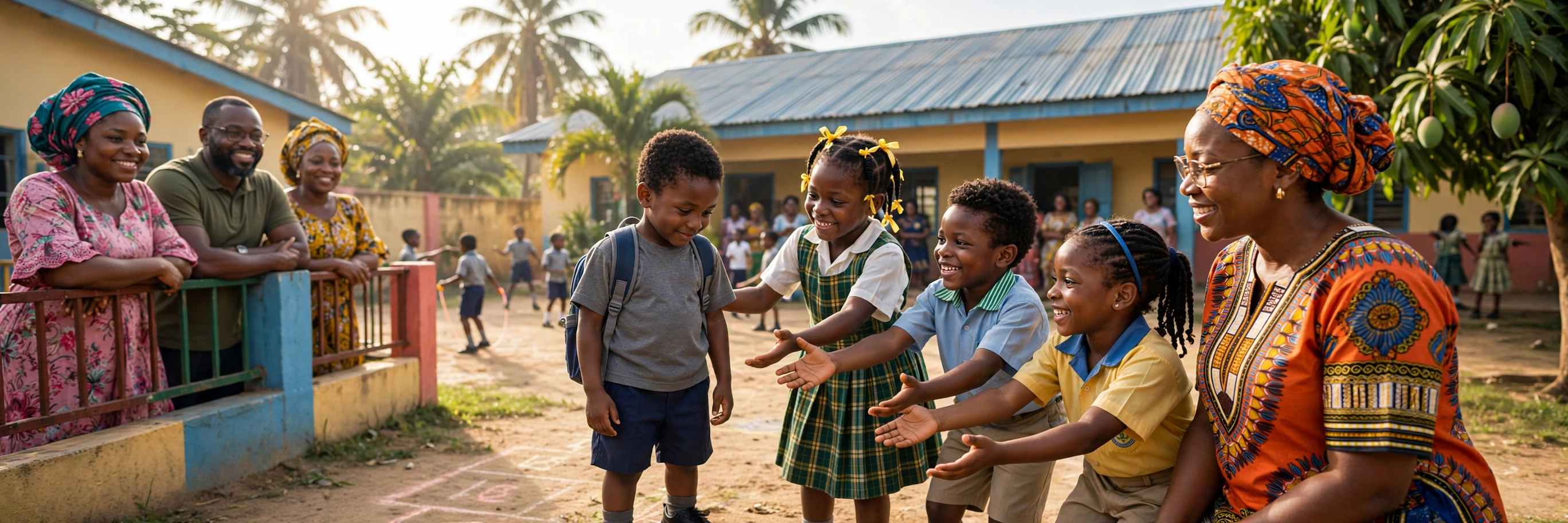 Nigerian schoolchildren in a bright Lagos school playground warmly inviting a shy young schoolboy with a backpack to join their game, as a smiling teacher in colourful Ankara dress and parents watch nearby — an illustrative image for Issue No. 16 of the OLIC Newsletter.