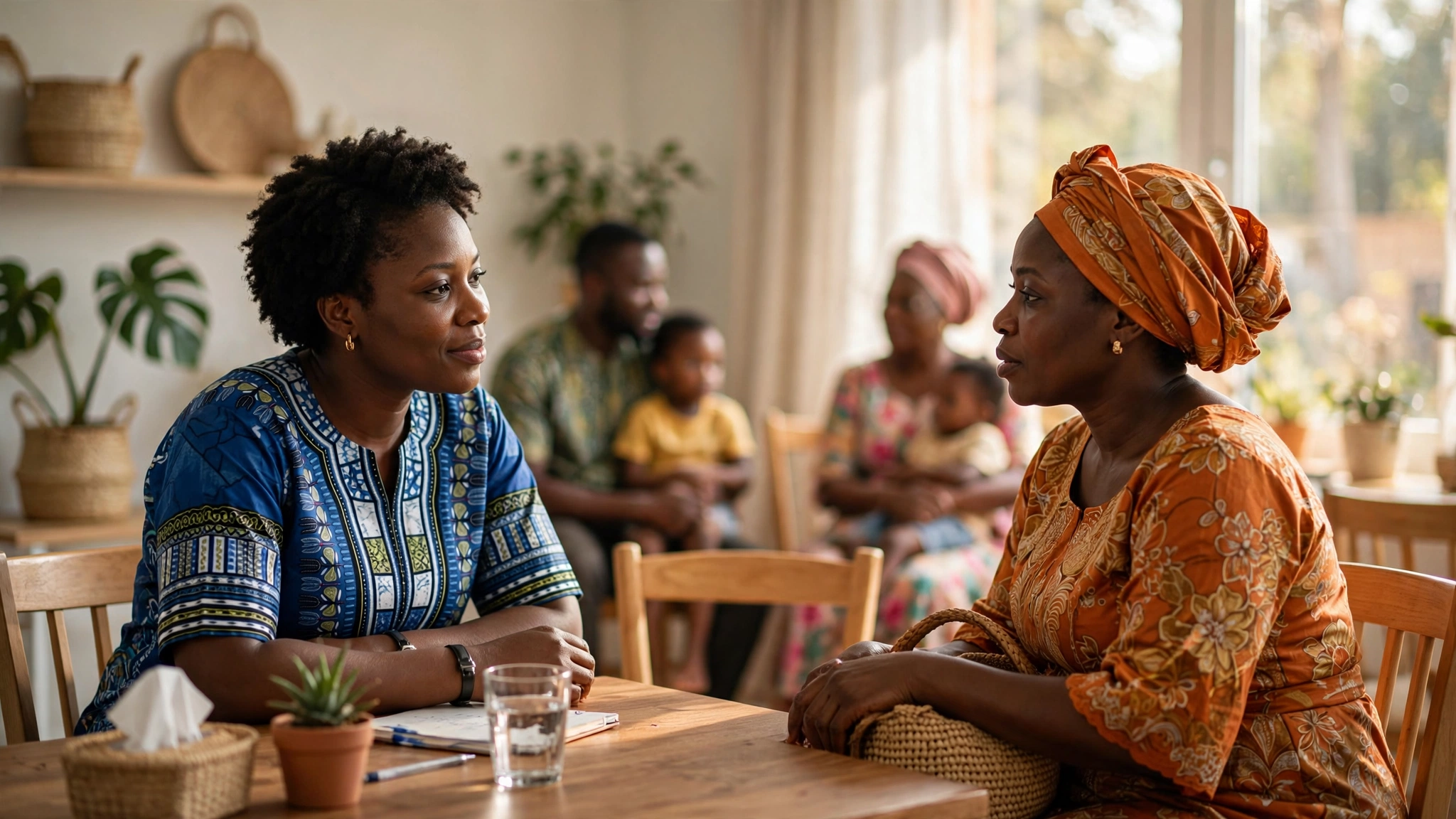 A Nigerian counsellor listening warmly to a mother across a table in a bright, welcoming community room, with families softly out of focus behind them — an illustrative image for Issue No. 2 of the OLIC Newsletter.