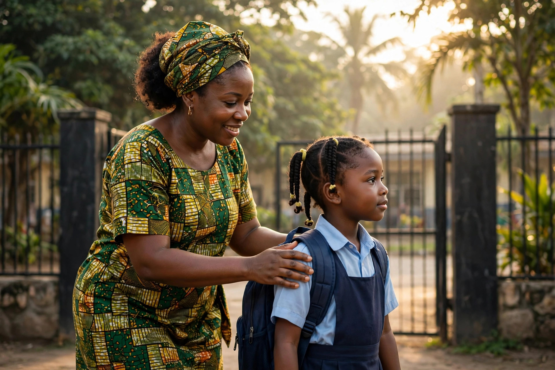 A mother encouraging her child at the school gate in the morning